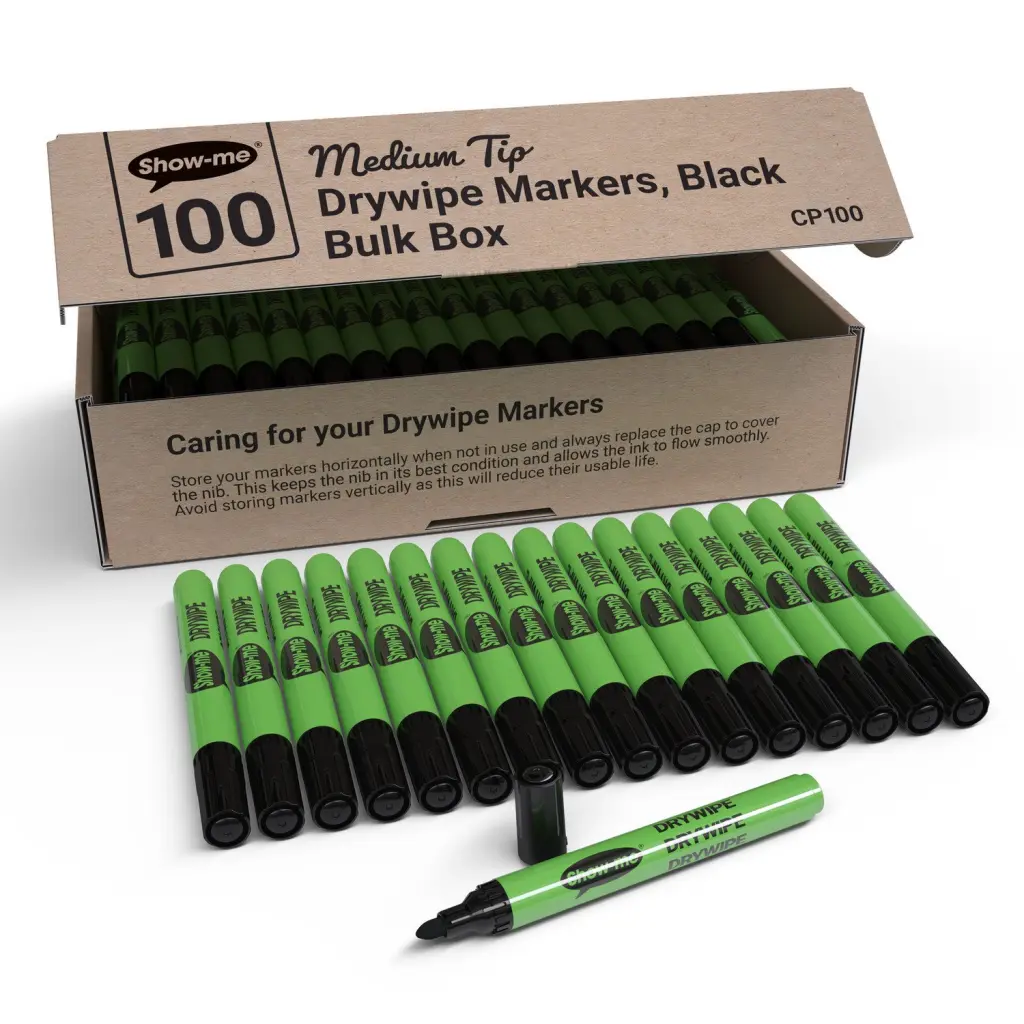 Show-me Drywipe Marker Medium Tip Slim Barrel Black (Pack 100) - CP100