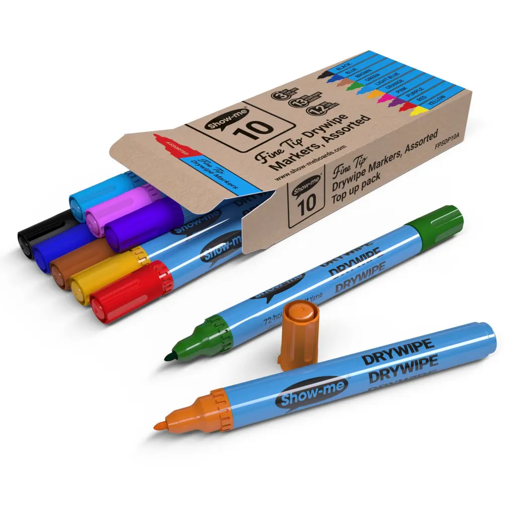 Show-me Drywipe Marker Fine Tip Slim Barrel Assorted Colours (Pack 10) - FPSDP10A