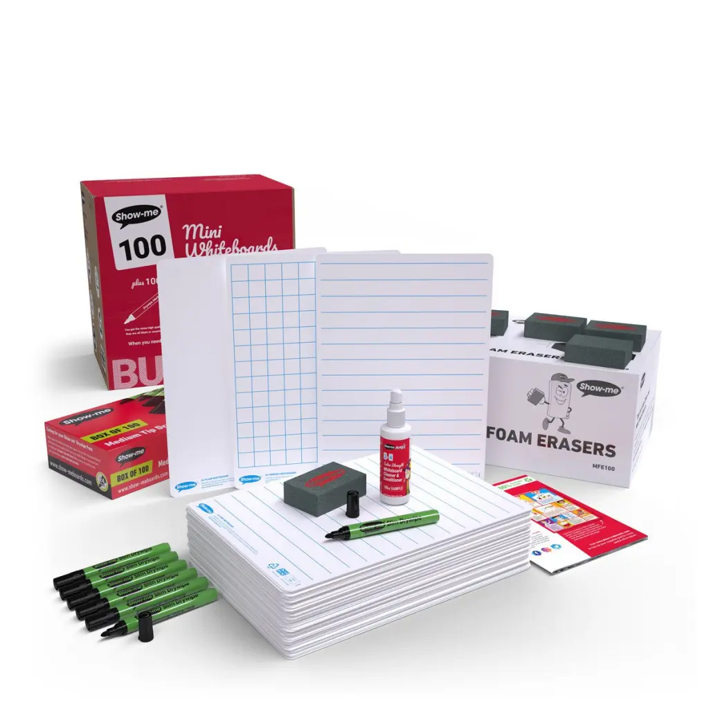 Show-Me Bulk Pack of Curriculum Whiteboards A4 Assorted Includes Pens and Erasers PK100 - B/MCB