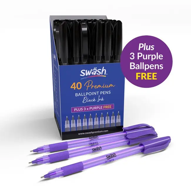 Swash Premium Triangular Medium Tip Ballpoint Pens Black Plus 3 FREE Purple Ballpoint Pens (Pack 40+3 FREE) - BBT40BK