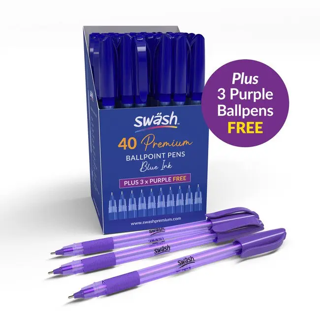 Swash Premium Triangular Medium Tip Ballpoint Pens Blue Plus 3 FREE Purple Ballpoint Pens (Pack 40+3 FREE) - BBT40BU