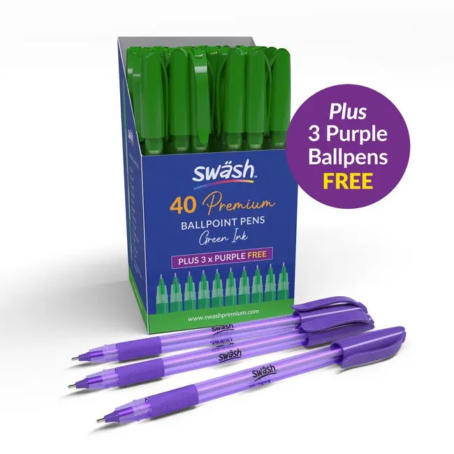 Swash Premium Triangular Medium Tip Ballpoint Pens Green Plus 3 FREE Purple Ballpoint Pens (Pack 40+3 FREE) - BBT40GN