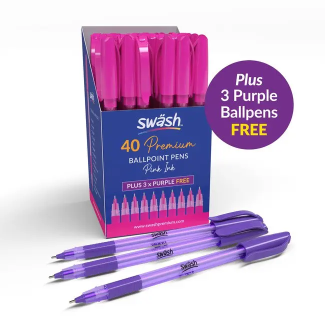 Swash Premium Triangular Medium Tip Ballpoint Pens Pink Plus 3 FREE Purple Ballpoint Pens (Pack 40+3 FREE) - BBT40PK