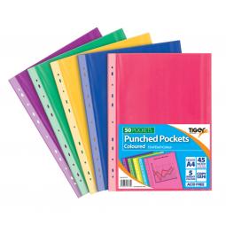 Tiger A4 Coloured Punched Pockets Pack of 50