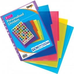 Tiger Personalised 5 Part Polypropylene Dividers A4 Assorted Colours (Pack 10) - 301548