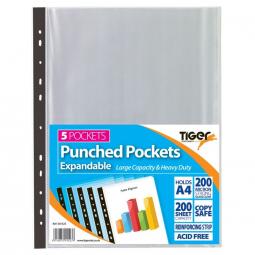 Tiger A4 Expandable Punched Pockets Pack of 5