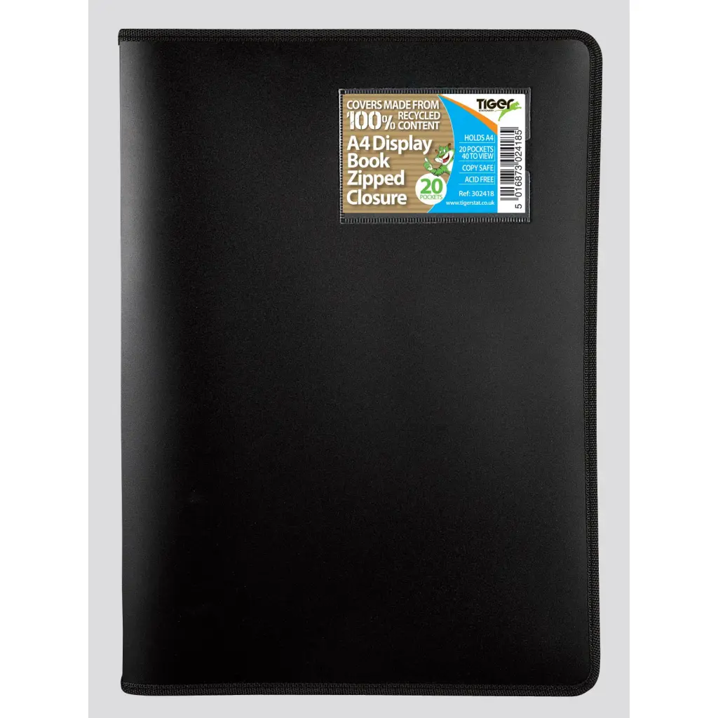 Tiger Zipped Display Book 20 Pocket A4 Black - 302418