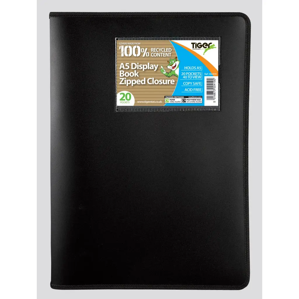 Tiger Zipped Display Book 20 Pocket A5 Black - 302419