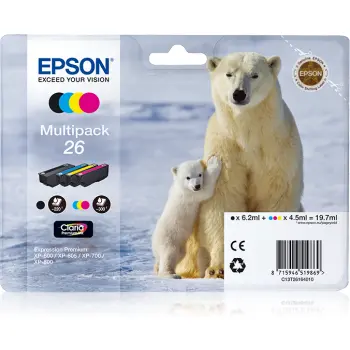 Epson 26 Polar Bear Black Cyan Magenta Yellow Standard Capacity Ink Cartridge Multipack 6ml + 3 x 4.5ml (Pack 4) - C13T26164010