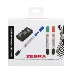 Zebra Double Ended Whiteboard Marker Assorted (Pack 3) with Magnetic Eraser 2719