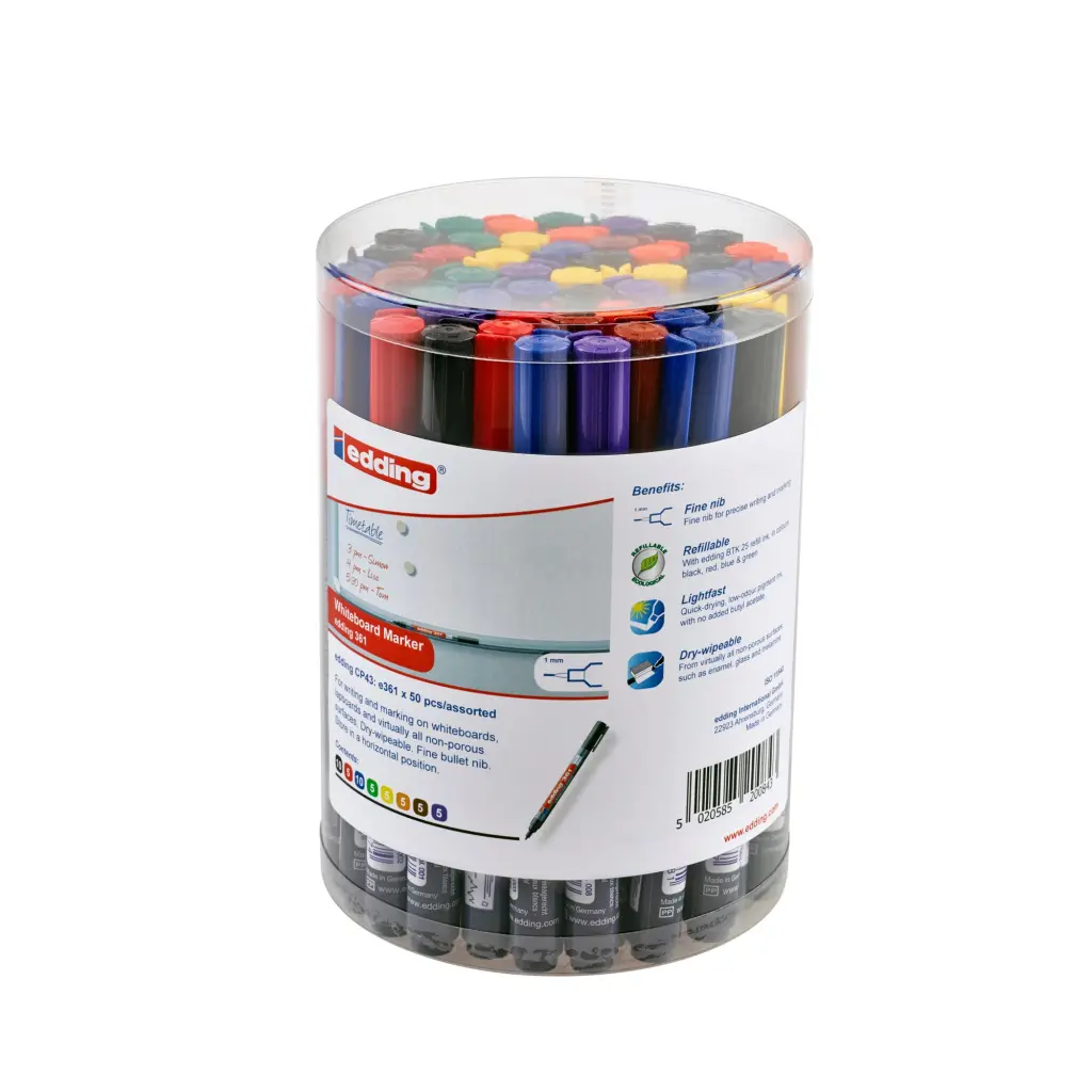 edding 361 Whiteboard Marker Bullet Tip 1mm Line Assorted Colours Classpack (Pack 50) - 4-CP43