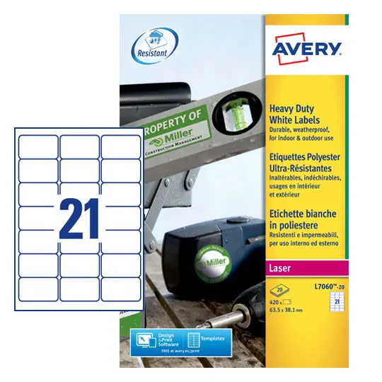 Avery Heavy Duty Labels 63.5x38mm White L7060-20 21 per sheet Pack of 420