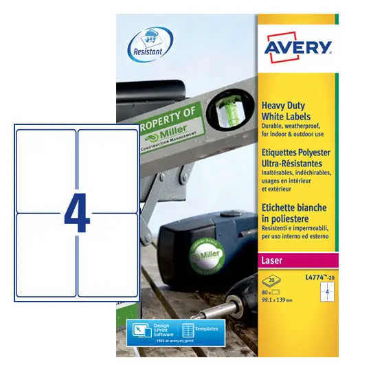 Avery Heavy Duty Labels 99x139mm White L4774-20 4 per sheet Pack of 80