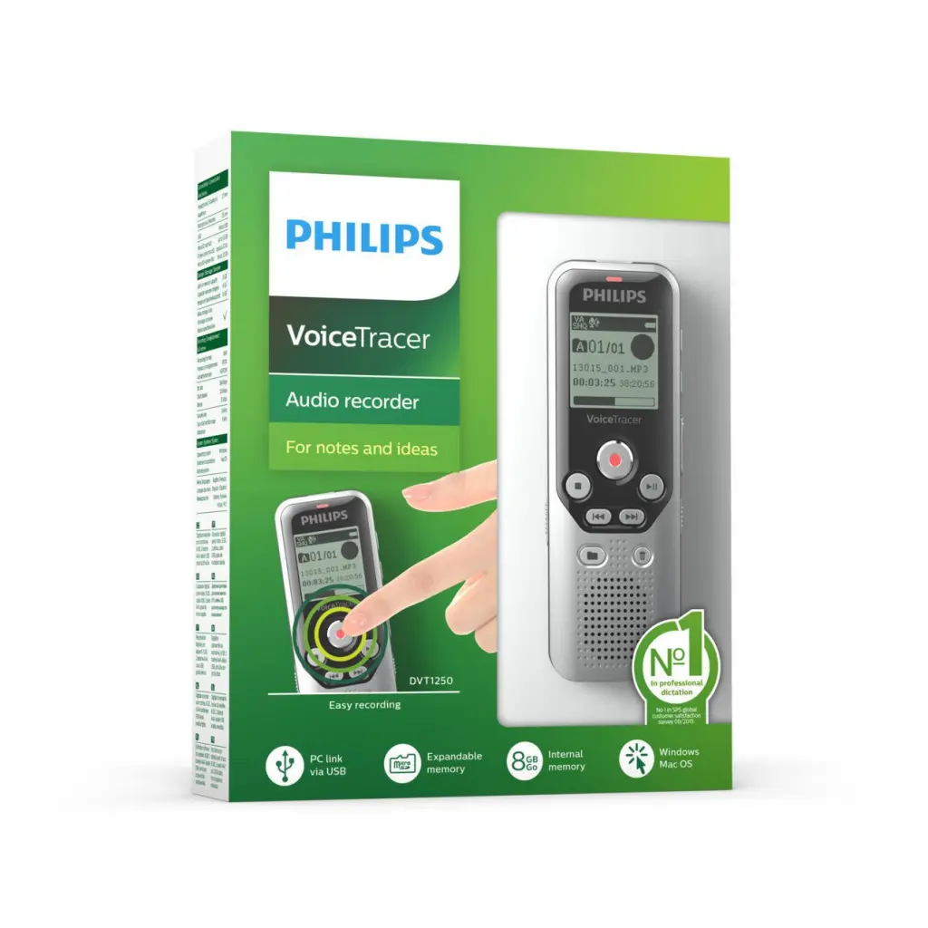 Philips Dictation DVT1250 VoiceTracer Audio Recorder MicroSD 8GB Memory