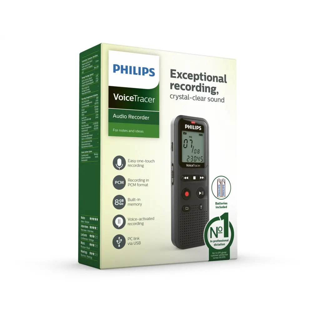 Philips Dictation DVT1160 VoiceTracer Audio Recorder 8GB Memory Black