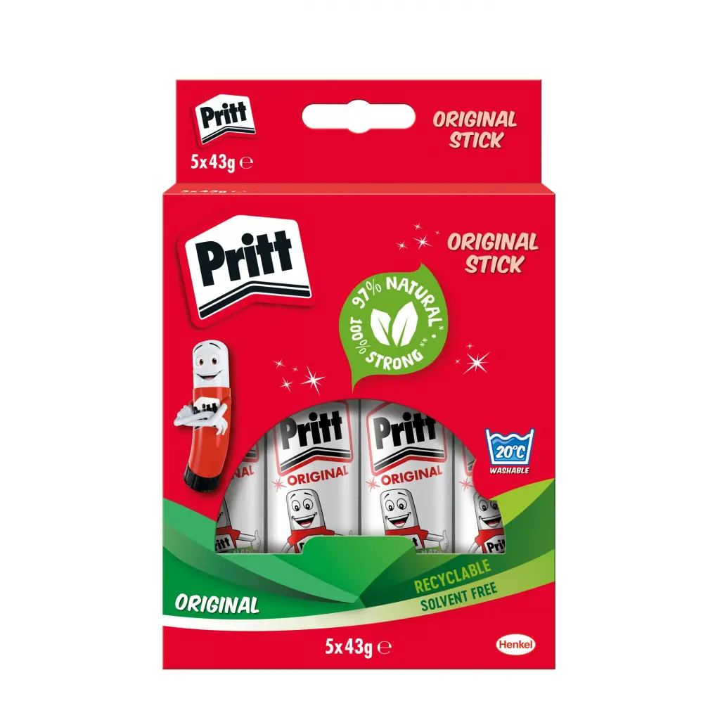 Pritt Original Glue Stick Sustainable Long Lasting Strong Adhesive Solvent Free Value Pack 43g (Pack 5) - 1456072