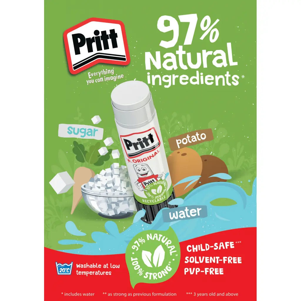 Pritt Original Glue Stick Sustainable Long Lasting Strong Adhesive Solvent Free Value Pack 43g (Pack 5) - 1456072