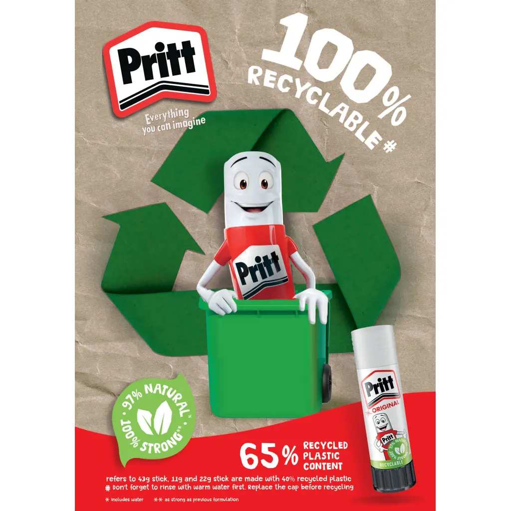 Pritt Original Glue Stick Sustainable Long Lasting Strong Adhesive Solvent Free Value Pack 43g (Pack 5) - 1456072