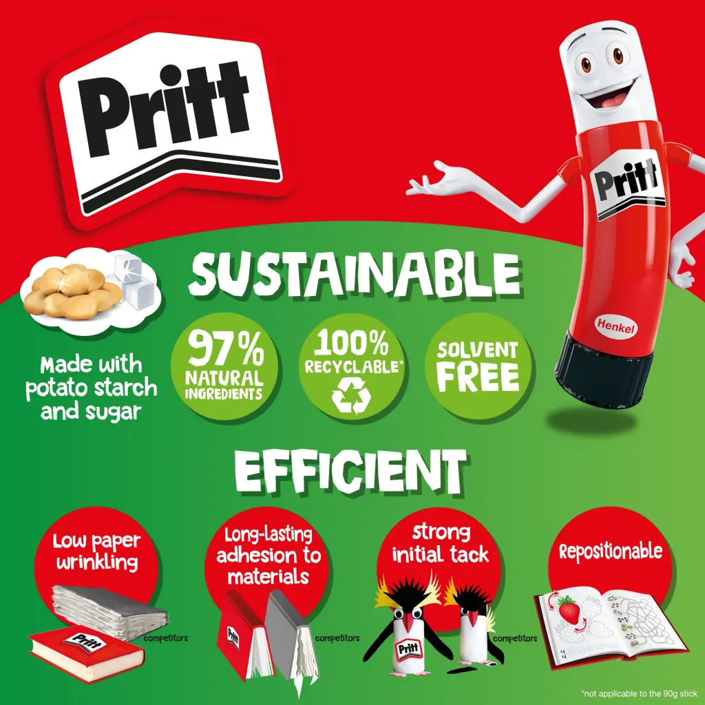 Pritt Original Glue Stick Sustainable Long Lasting Strong Adhesive Solvent Free Value Pack 43g (Pack 5) - 1456072