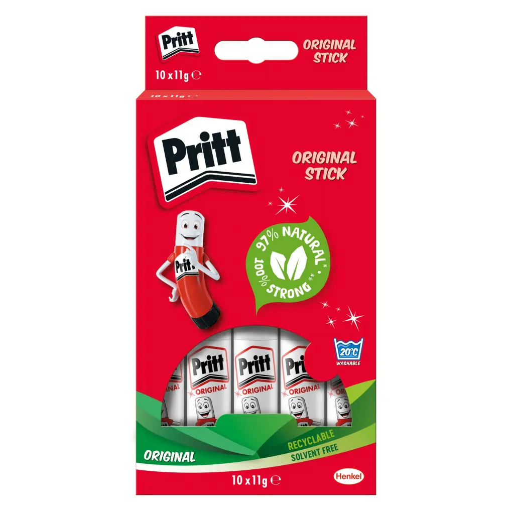 Pritt Original Glue Stick Sustainable Long Lasting Strong Adhesive Solvent Free Value Pack 11g (Pack 10) - 1456040