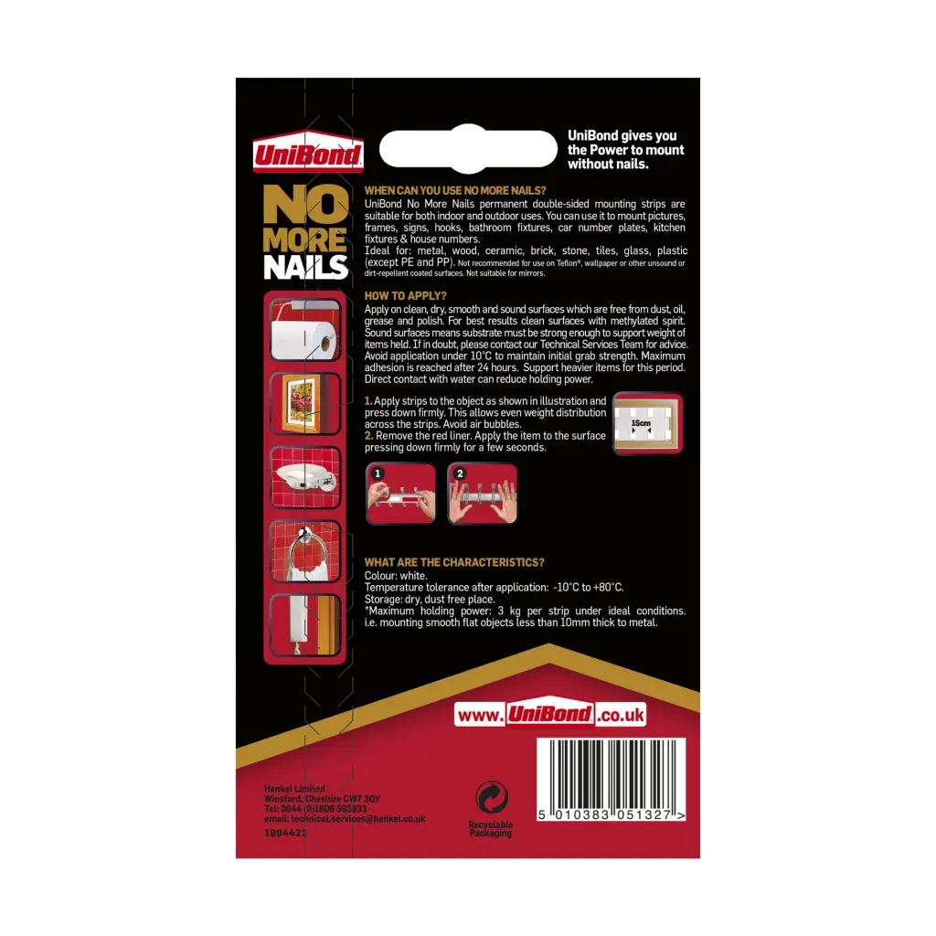 Unibond No More Nails Ultra Strong Double Sided Mounting Tape Permanent 20mm x 40mm (Pack 10 Strips) - 2675503