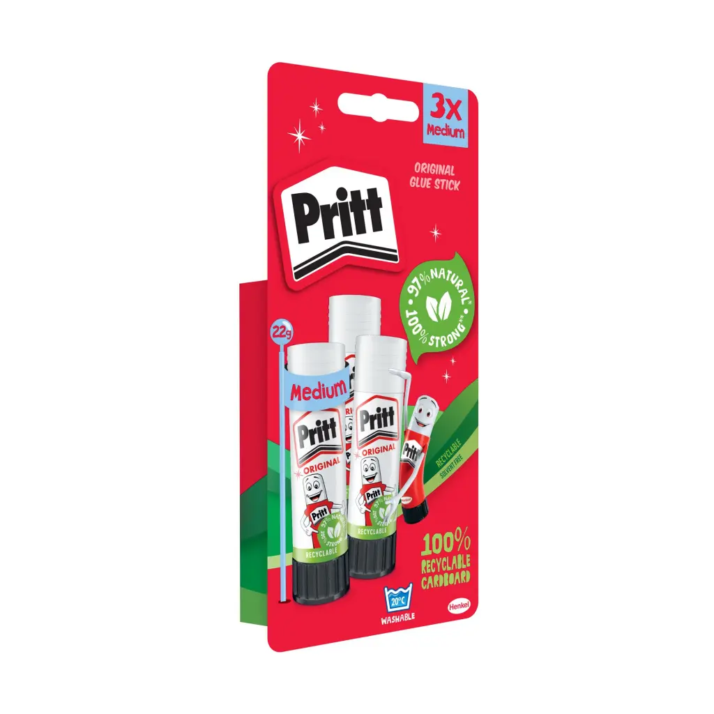 Pritt Original Glue Stick Sustainable Long Lasting Strong Adhesive Solvent Free 22g Medium (Pack 3) - 2760891