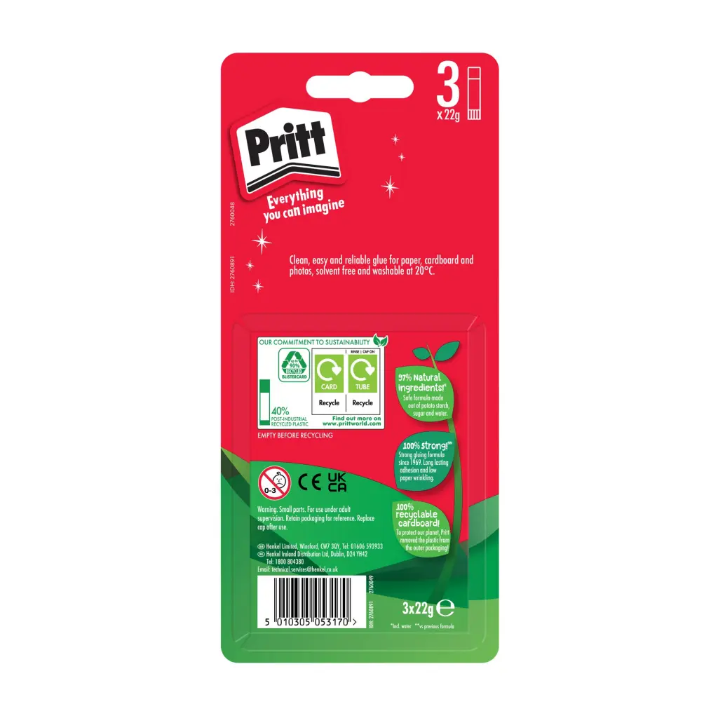 Pritt Original Glue Stick Sustainable Long Lasting Strong Adhesive Solvent Free 22g Medium (Pack 3) - 2760891