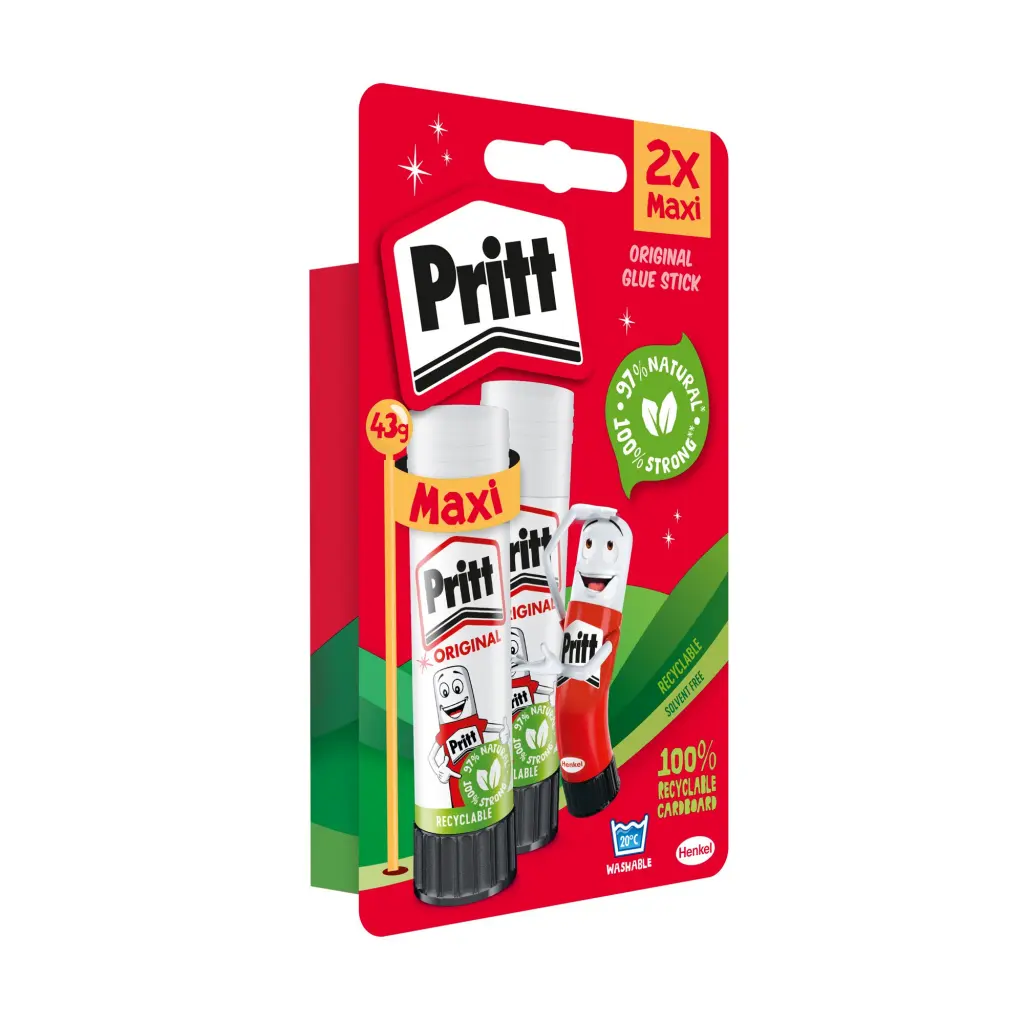 Pritt Original Glue Stick Sustainable Long Lasting Strong Adhesive Solvent Free 43g Maxi (Pack 2) - 2741552