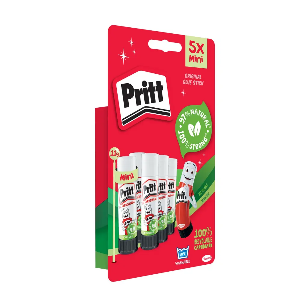 Pritt Original Glue Stick Sustainable Long Lasting Strong Adhesive Solvent Free 11g Mini (Pack 5) - 2741298