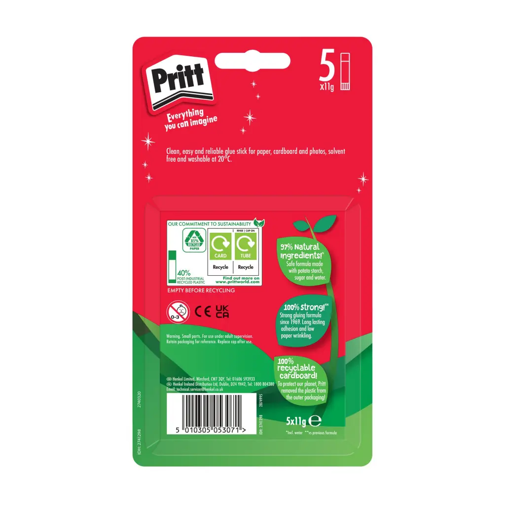 Pritt Original Glue Stick Sustainable Long Lasting Strong Adhesive Solvent Free 11g Mini (Pack 5) - 2741298