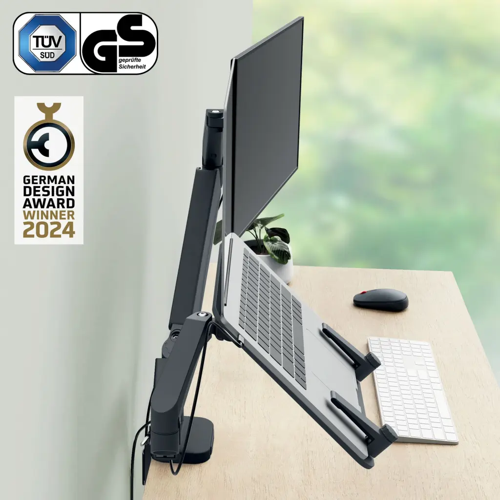 Leitz Ergo Space-Saving Dual Monitor and Laptop Arm Suitable for Laptop upto 17inches and Monitors upto 32inches Dark Grey - 65380089