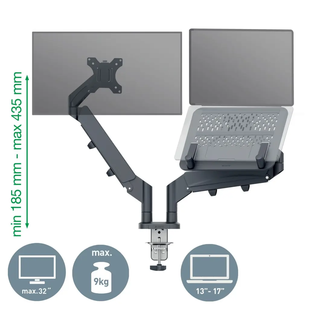 Leitz Ergo Space-Saving Dual Monitor and Laptop Arm Suitable for Laptop upto 17inches and Monitors upto 32inches Dark Grey - 65380089