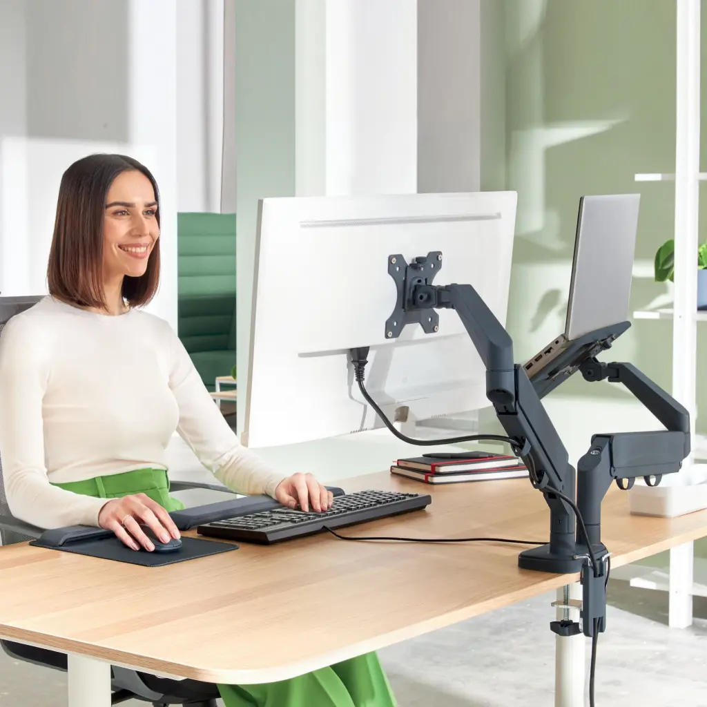 Leitz Ergo Space-Saving Dual Monitor and Laptop Arm Suitable for Laptop upto 17inches and Monitors upto 32inches Dark Grey - 65380089