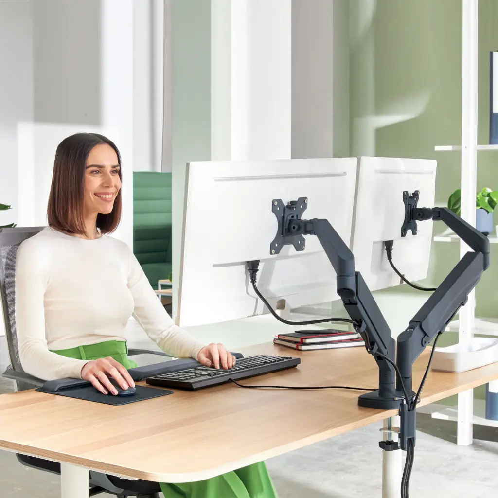 Leitz Ergo Space-Saving Dual Monitor Arm Suitable for Monitors upto 32inches Dark Grey - 65370089