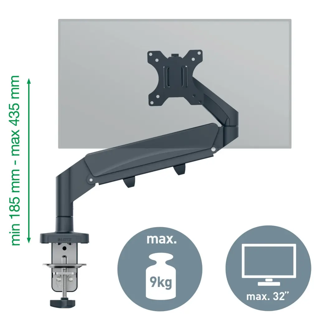 Leitz Ergo Space-Saving Single Monitor Arm Suitable for Monitors upto 32inches Dark Grey - 64890089