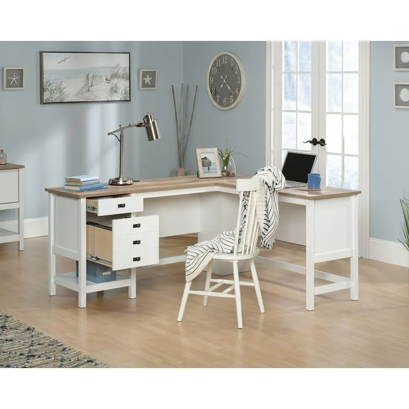 Shaker Style Home Office L-Shaped Desk White with Oak Desktop 5428225