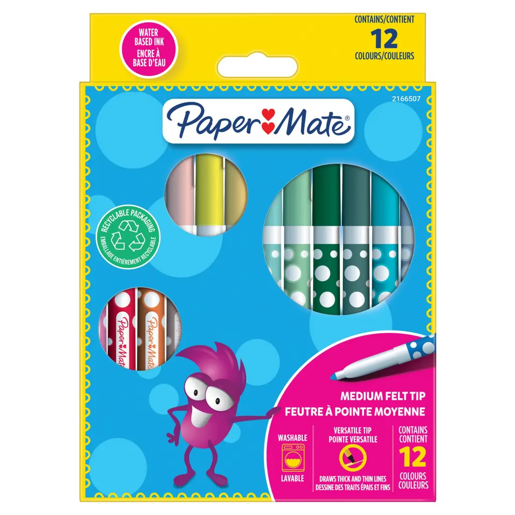 Paper Mate Childrens Felt Tip Colouring Pen Washable Assorted Pack 12