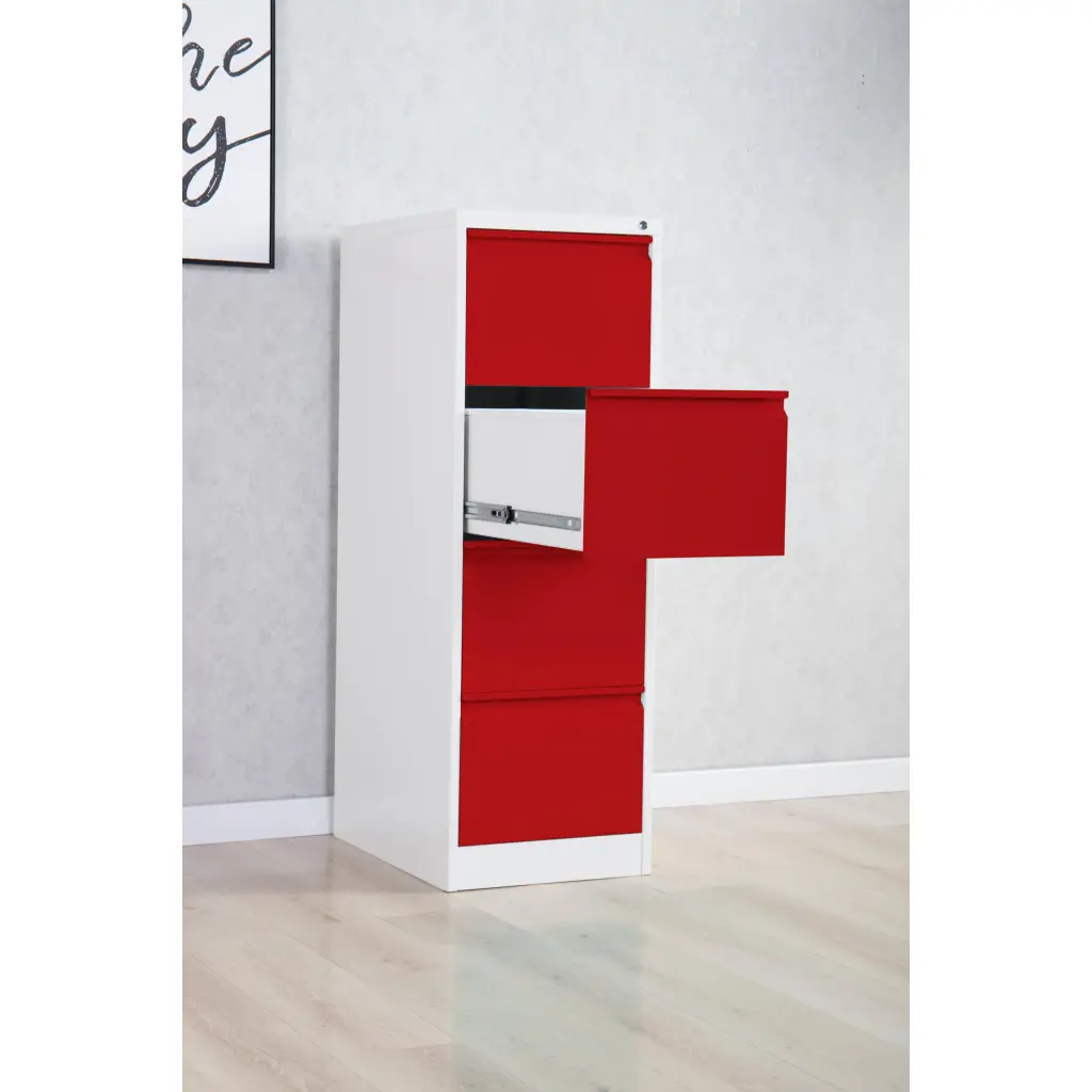 Phoenix FC Series 4 Drawer Filing Cabinet Grey Body Red Drawers with Key Lock - FC1004GRK