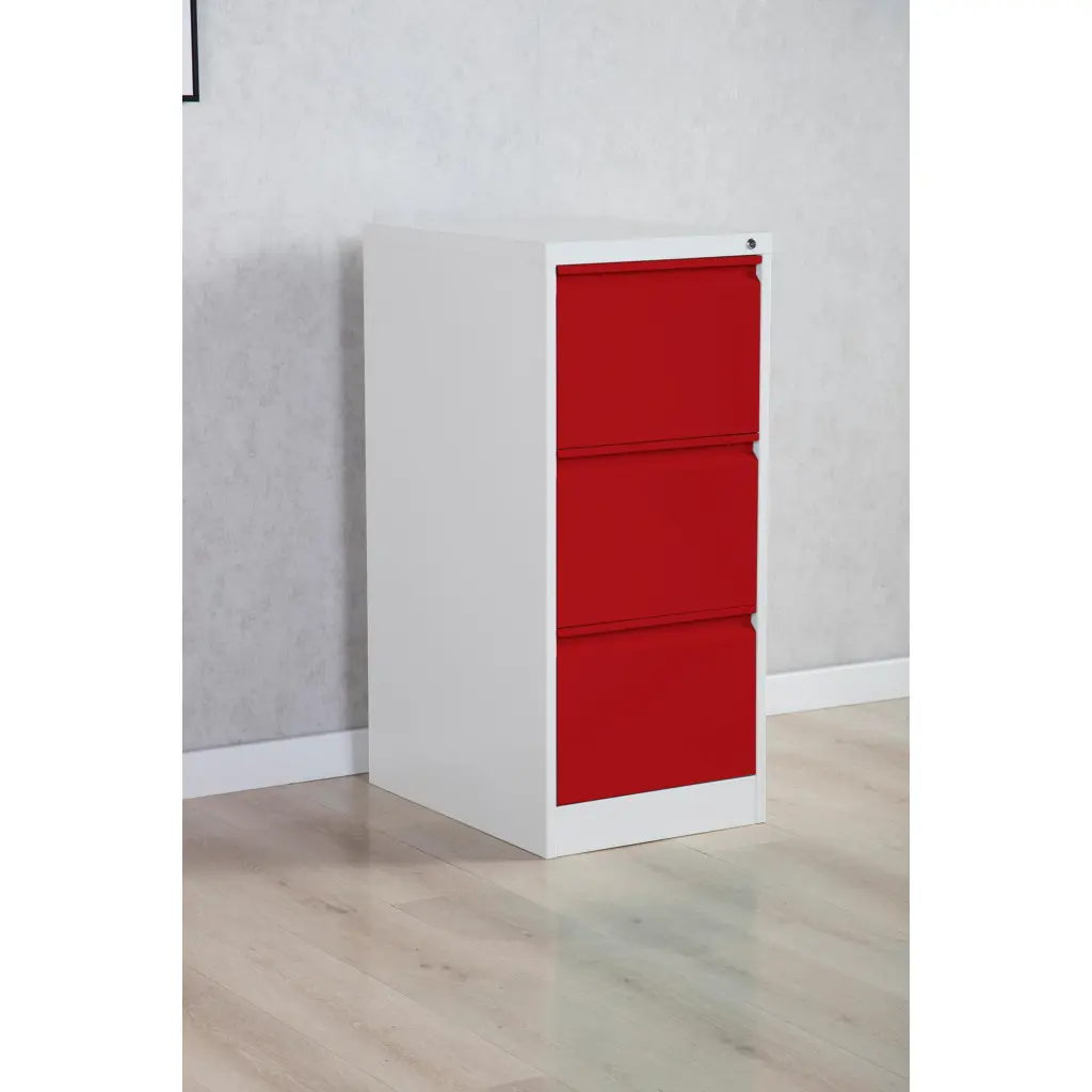 Phoenix FC Series 3 Drawer Filing Cabinet Grey Body Red Drawers with Key Lock - FC1003GRK