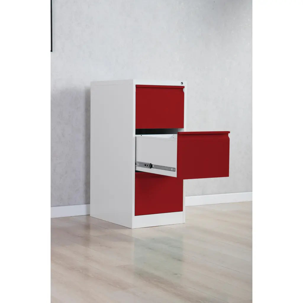 Phoenix FC Series 3 Drawer Filing Cabinet Grey Body Red Drawers with Key Lock - FC1003GRK