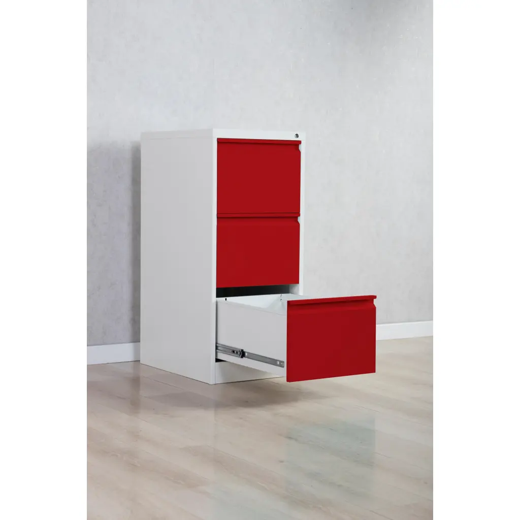 Phoenix FC Series 3 Drawer Filing Cabinet Grey Body Red Drawers with Key Lock - FC1003GRK