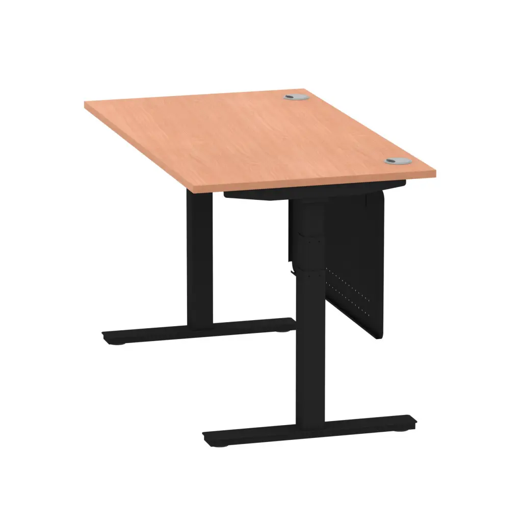 Air Modesty 1400 x 800mm Height Adjustable Office Desk With Cable Ports Beech Finish Black Frame With Black Steel Modesty Panel - HA01446