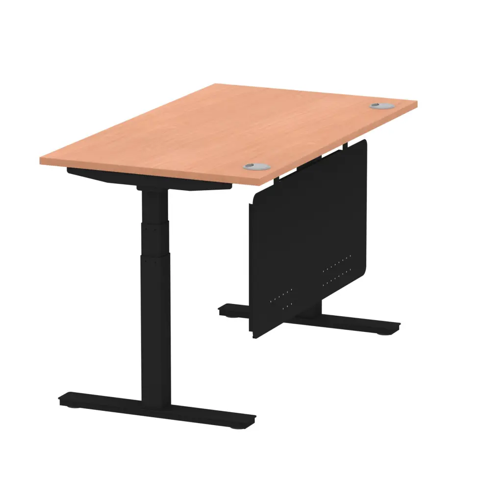 Air Modesty 1400 x 800mm Height Adjustable Office Desk With Cable Ports Beech Finish Black Frame With Black Steel Modesty Panel - HA01446