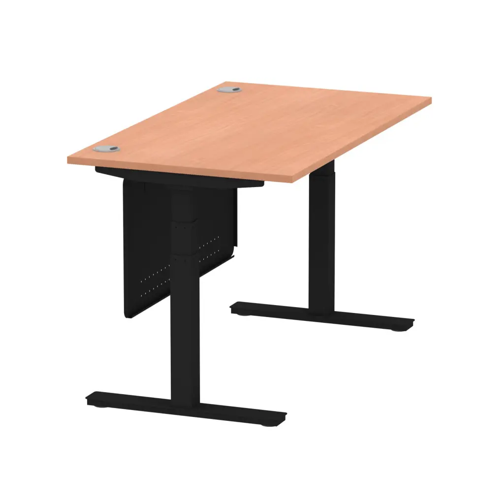 Air Modesty 1400 x 800mm Height Adjustable Office Desk With Cable Ports Beech Finish Black Frame With Black Steel Modesty Panel - HA01446