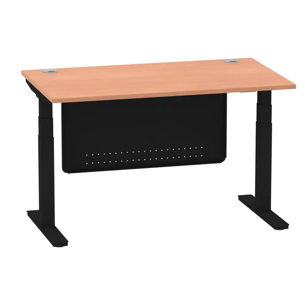 Air Modesty 1400 x 800mm Height Adjustable Office Desk With Cable Ports Beech Finish Black Frame With Black Steel Modesty Panel - HA01446