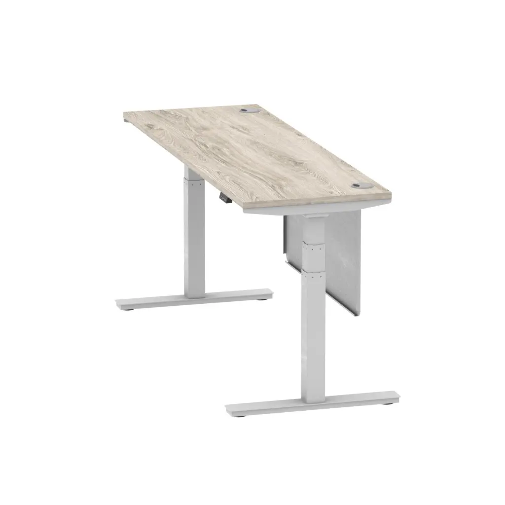 Air Modesty 1800 x 600mm Height Adjustable Office Desk With Cable Ports Grey Oak Finish Silver Frame With Silver Steel Modesty Panel - HA01420