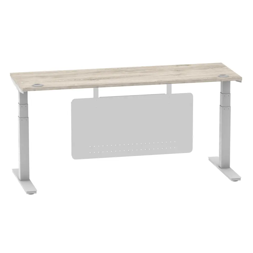 Air Modesty 1800 x 600mm Height Adjustable Office Desk With Cable Ports Grey Oak Finish Silver Frame With Silver Steel Modesty Panel - HA01420