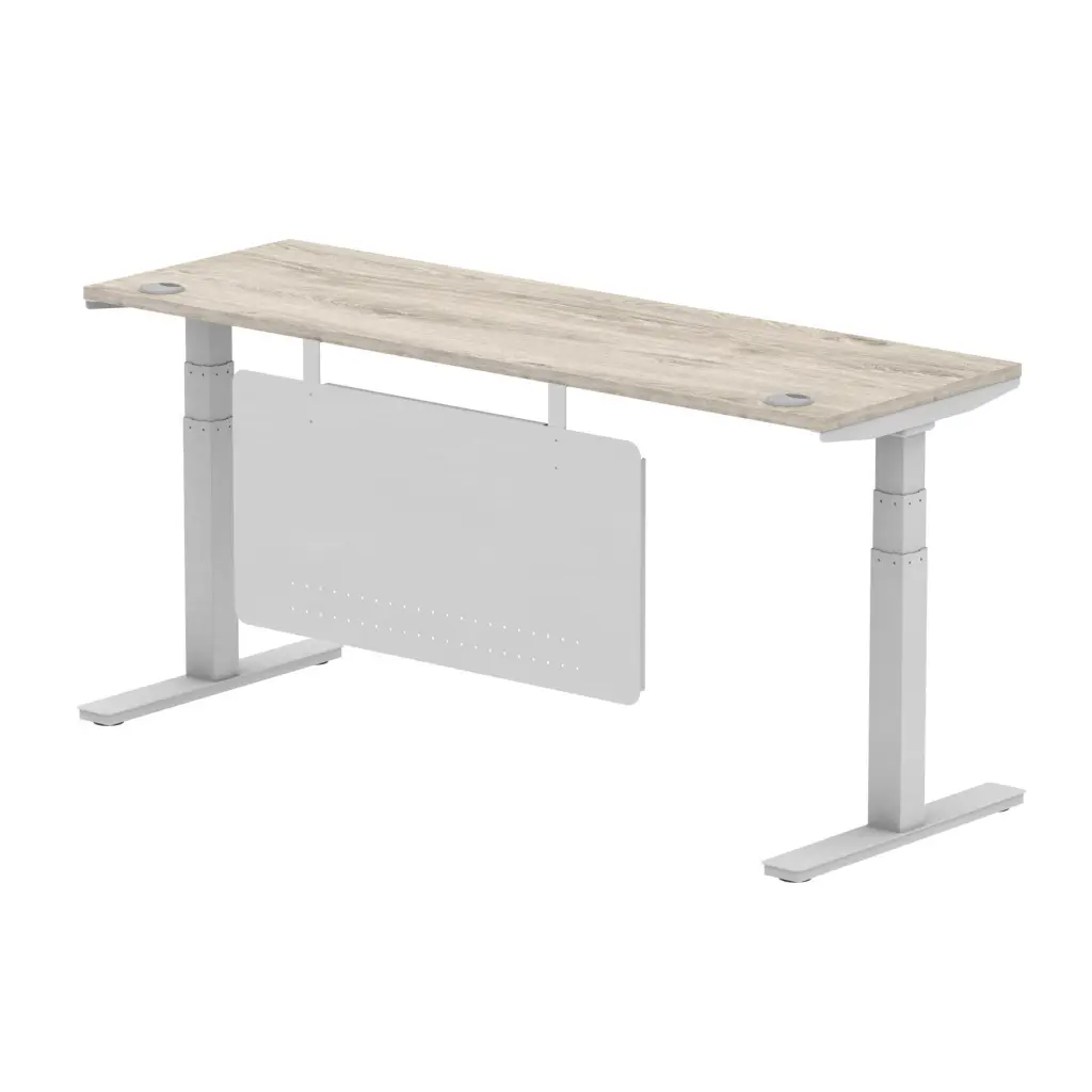 Air Modesty 1800 x 600mm Height Adjustable Office Desk With Cable Ports Grey Oak Finish Silver Frame With Silver Steel Modesty Panel - HA01420