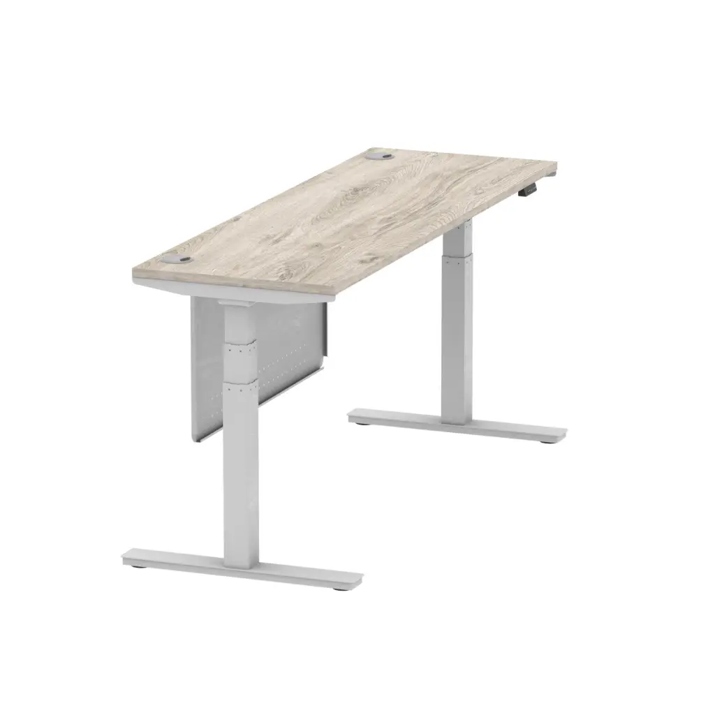 Air Modesty 1800 x 600mm Height Adjustable Office Desk With Cable Ports Grey Oak Finish Silver Frame With Silver Steel Modesty Panel - HA01420