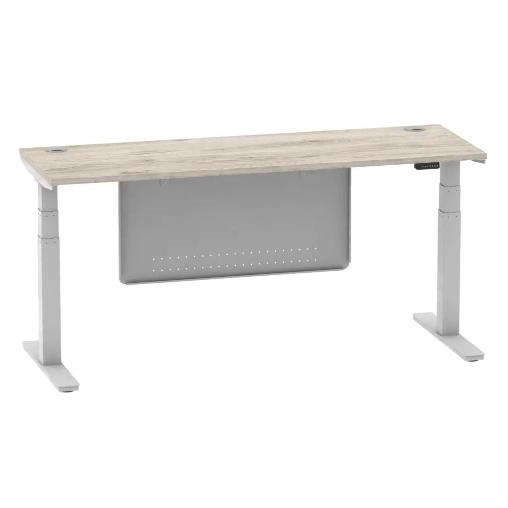 Air Modesty 1800 x 600mm Height Adjustable Office Desk With Cable Ports Grey Oak Finish Silver Frame With Silver Steel Modesty Panel - HA01420